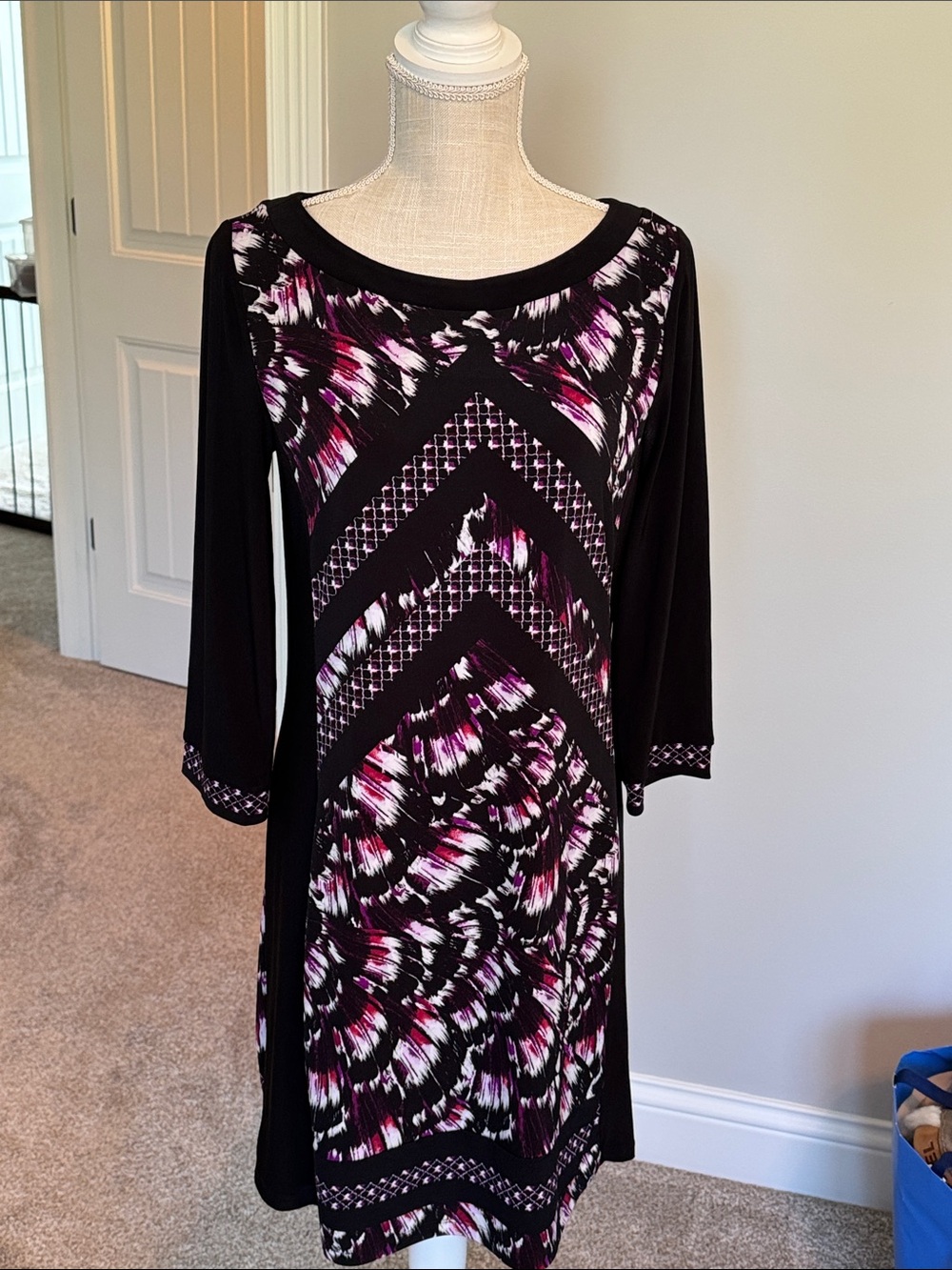 White House Black Market Black and Magenta Printed Midi Dress